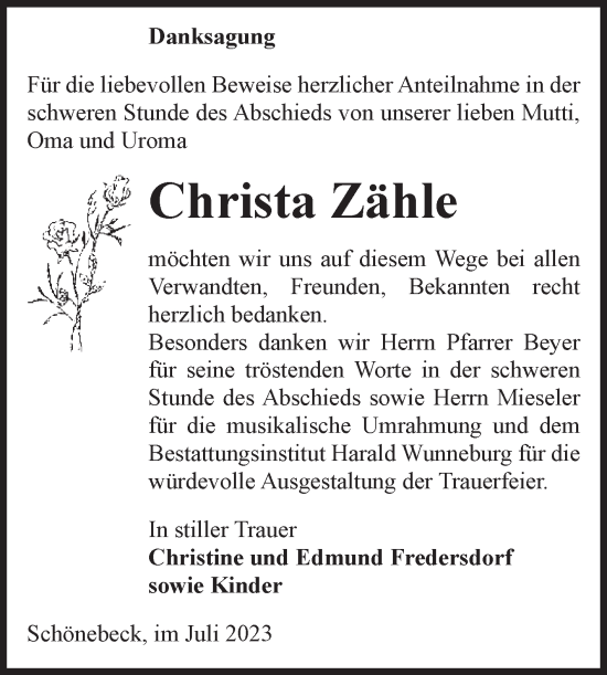 Traueranzeige von Christa Zähle von Volksstimme Schönebeck
