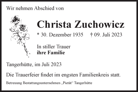 Traueranzeige von Christa Zuchowicz von Volksstimme Altmark Ost