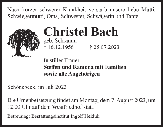 Traueranzeige von Christel Bach von Volksstimme Schönebeck