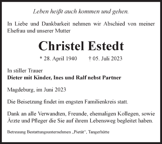 Traueranzeige von Christel Estedt von Volksstimme Magdeburg