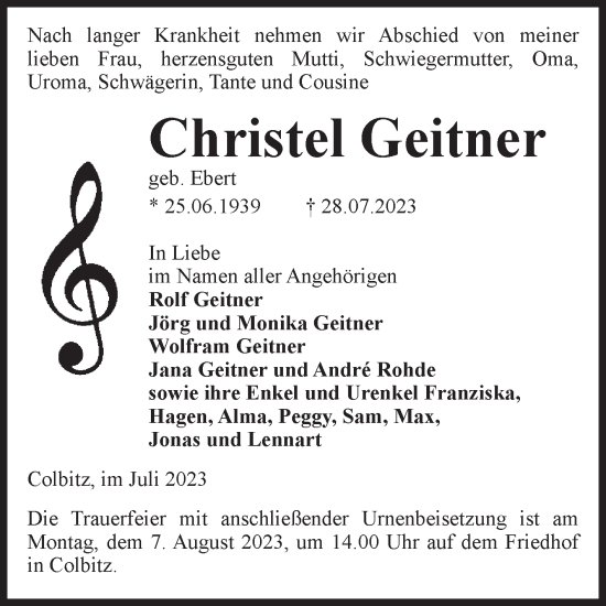 Traueranzeige von Christel Geitner von Volksstimme Haldensleben/Wolmirstedt