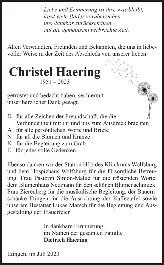 Traueranzeige von Christel Haering von Volksstimme Haldensleben/Wolmirstedt