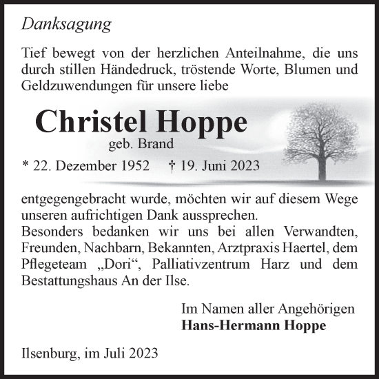 Traueranzeige von Christel Hoppe von Volksstimme Wernigerode