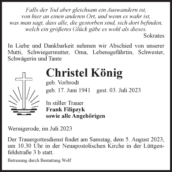 Traueranzeige von Christel König von Volksstimme Wernigerode