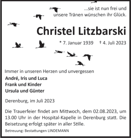 Traueranzeige von Christel Litzbarski von Volksstimme Wernigerode