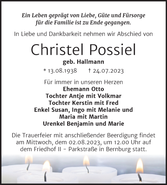 Traueranzeige von Christel Possiel von Trauerkombi Bernburg