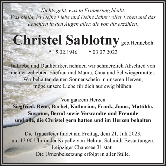 Traueranzeige von Christel Sablotny von Volksstimme Magdeburg