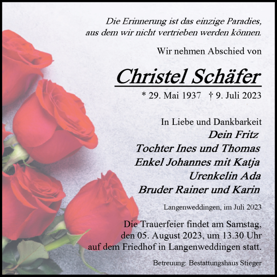 Traueranzeige von Christel Schäfer von Volksstimme Oschersleben/Wanzleben
