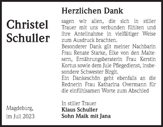 Traueranzeige von Christel Schuller von Volksstimme Magdeburg