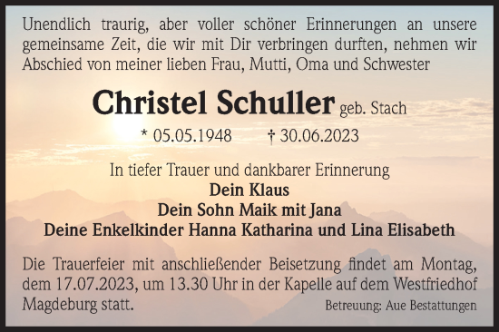 Traueranzeige von Christel Schuller von Volksstimme Magdeburg