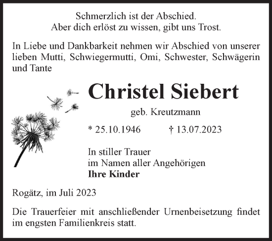 Traueranzeige von Christel Siebert von Volksstimme Haldensleben/Wolmirstedt