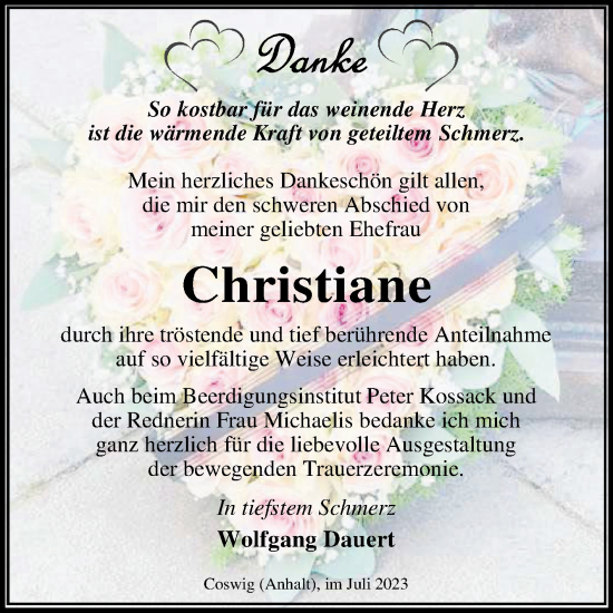 Traueranzeige von Christiane  von Trauerkombi Wittenberg