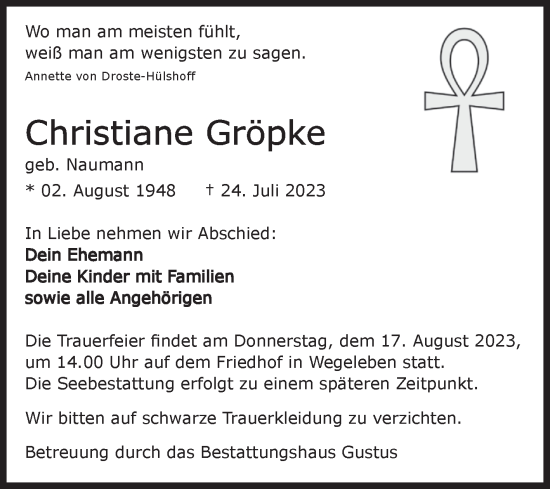 Traueranzeige von Christiane Gröpke von Volksstimme Halberstadt