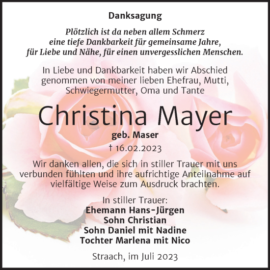 Traueranzeige von Christina Mayer von Trauerkombi Wittenberg