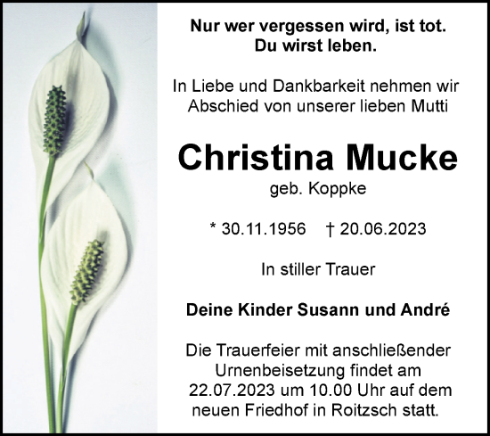 Traueranzeige von Christina Mucke von Trauerkombi Bitterfeld