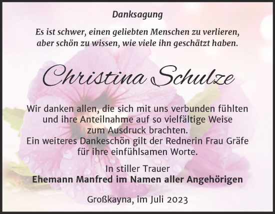 Traueranzeige von Christina Schulze von Trauerkombi Merseburg