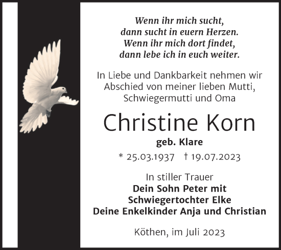 Traueranzeige von Christine Korn von Trauerkombi Köthen