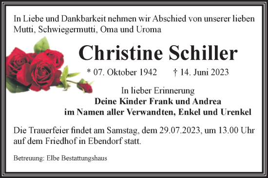 Traueranzeige von Christine Schiller von Volksstimme Haldensleben/Wolmirstedt