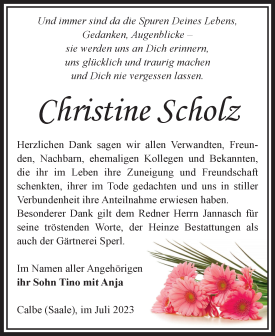 Traueranzeige von Christine Scholz von Volksstimme Schönebeck