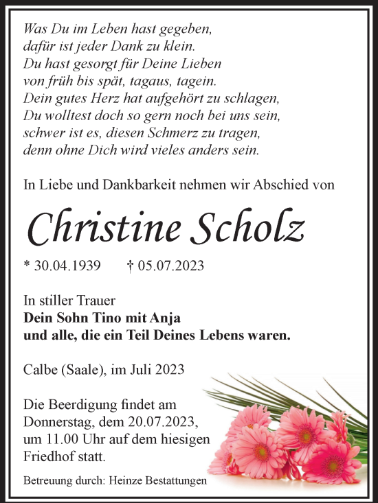 Traueranzeige von Christine Scholz von Volksstimme Schönebeck