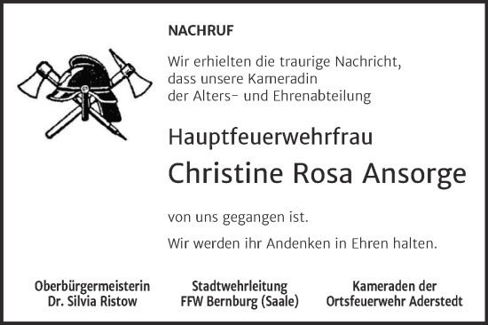 Traueranzeige von Christine Rosa Ansorge von Super Sonntag Bernburg