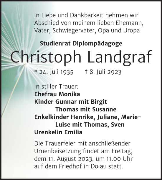 Traueranzeige von Christoph Landgraf von Mitteldeutsche Zeitung Halle/Saalkreis