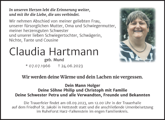Traueranzeige von Claudia Hartmann von Trauerkombi Mansfelder Land