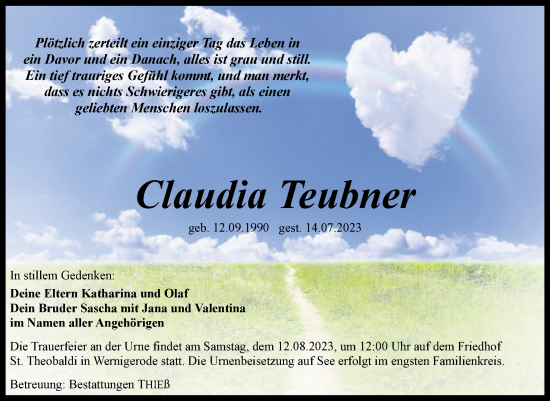 Traueranzeige von Claudia Teubner von Volksstimme Wernigerode