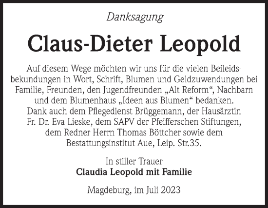 Traueranzeige von Claus-Dieter Leopold von Volksstimme Magdeburg