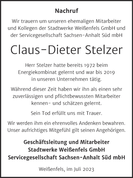 Traueranzeige von Claus-Dieter Stelzer von Mitteldeutsche Zeitung Weißenfels