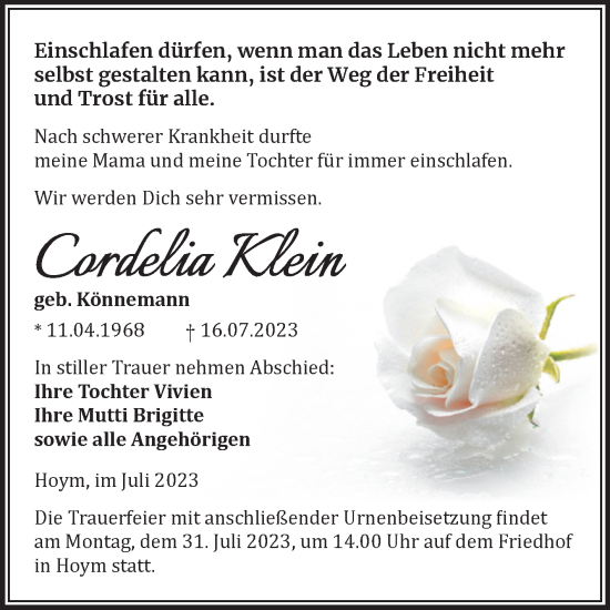 Traueranzeige von Cordelia Klein von Trauerkombi Aschersleben