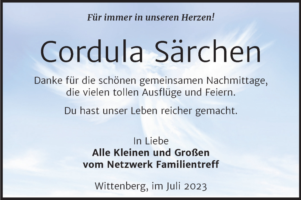  Traueranzeige für Cordula Särchen vom 29.07.2023 aus Trauerkombi Wittenberg