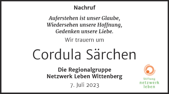 Traueranzeige von Cordula Särchen von Super Sonntag Wittenberg
