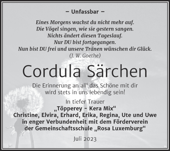 Traueranzeige von Cordula Särchen von Trauerkombi Wittenberg