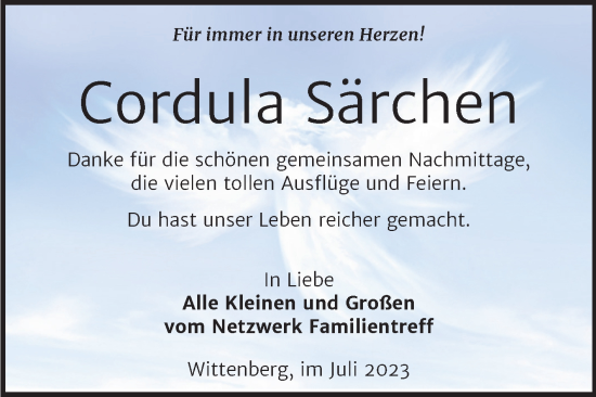 Traueranzeige von Cordula Särchen von Trauerkombi Wittenberg