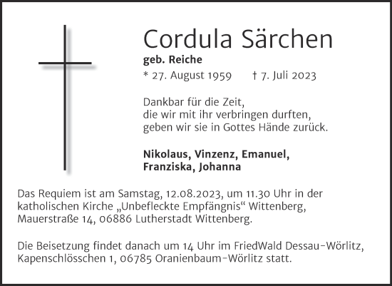 Traueranzeige von Cordula Särchen von Trauerkombi Wittenberg