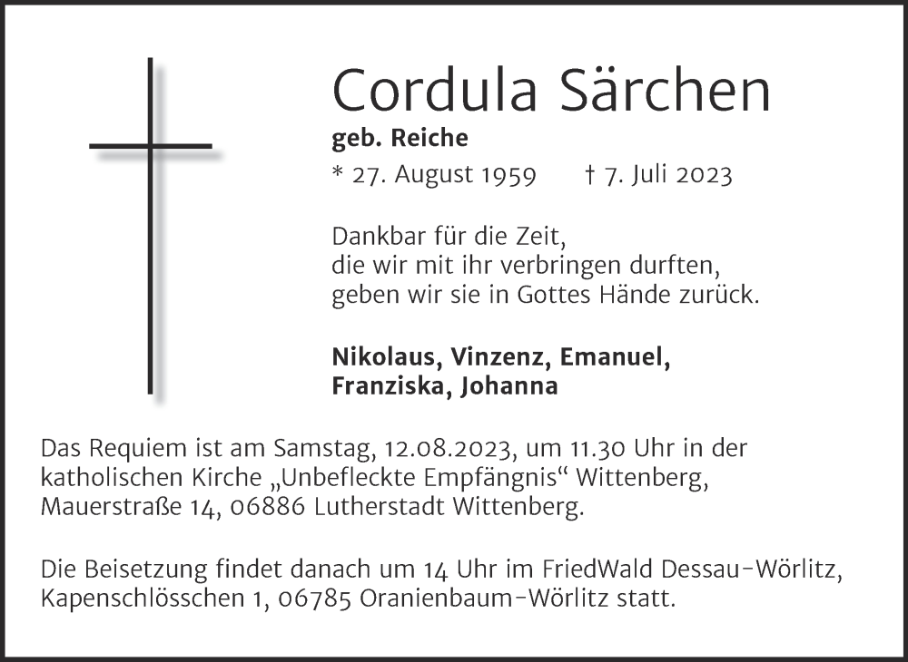  Traueranzeige für Cordula Särchen vom 15.07.2023 aus Trauerkombi Wittenberg