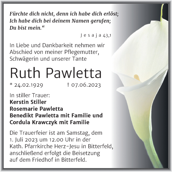 Traueranzeige von Ruth Pawletta von TRAUERKOMBI BITTERFELD