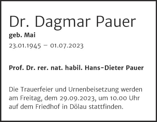 Traueranzeige von Dagmar Pauer von Mitteldeutsche Zeitung Halle/Saalkreis