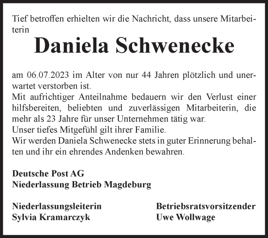 Traueranzeige von Daniela Schwenecke von Volksstimme Haldensleben/Wolmirstedt