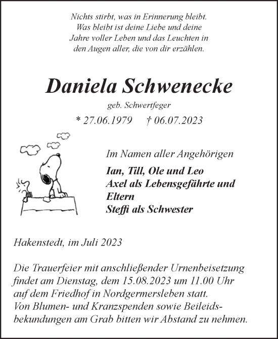 Traueranzeige von Daniela Schwenecke von Volksstimme Oschersleben/Wanzleben