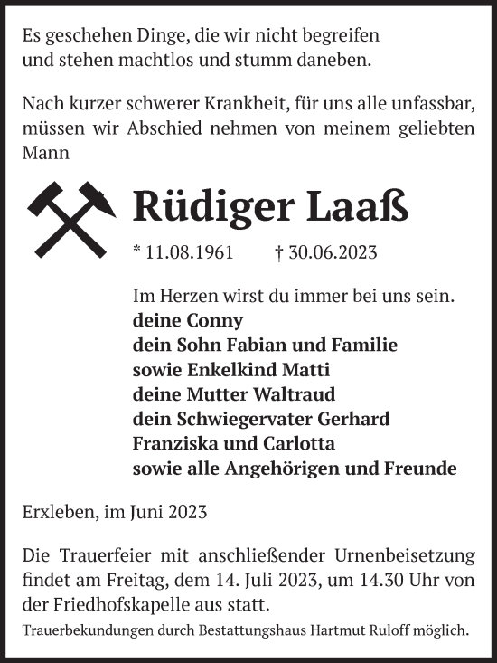 Traueranzeige von Rüdiger Laaß von Volksstimme Haldensleben/Wolmirstedt