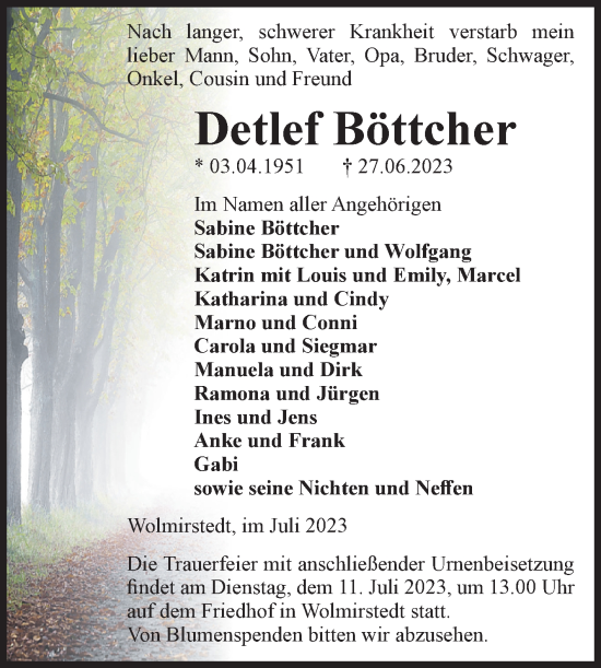 Traueranzeige von Detlef Böttcher von Volksstimme Haldensleben/Wolmirstedt