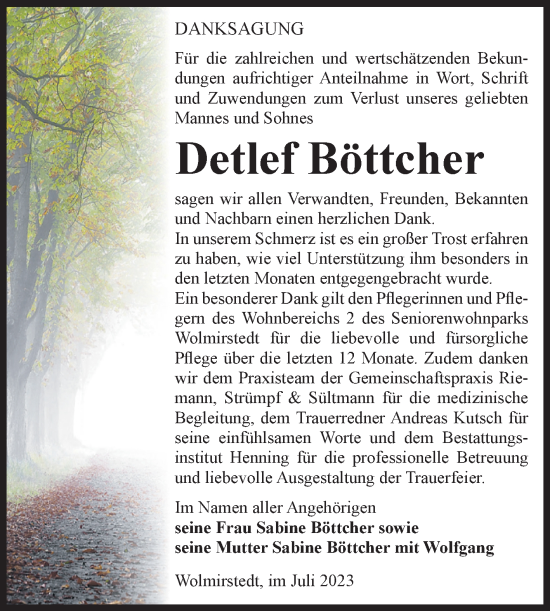 Traueranzeige von Detlef Böttcher von Volksstimme Haldensleben/Wolmirstedt