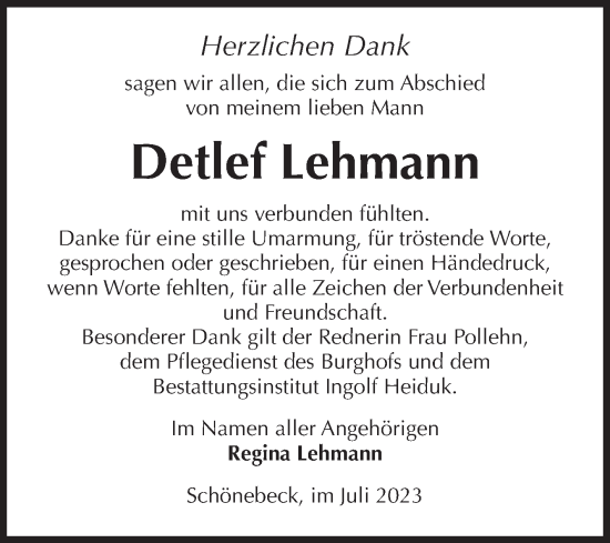 Traueranzeige von Detlef Lehmann von Volksstimme Schönebeck