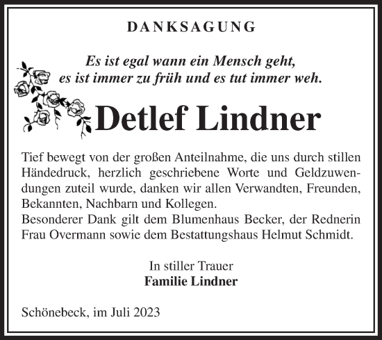 Traueranzeige von Detlef Lindner von Volksstimme Schönebeck