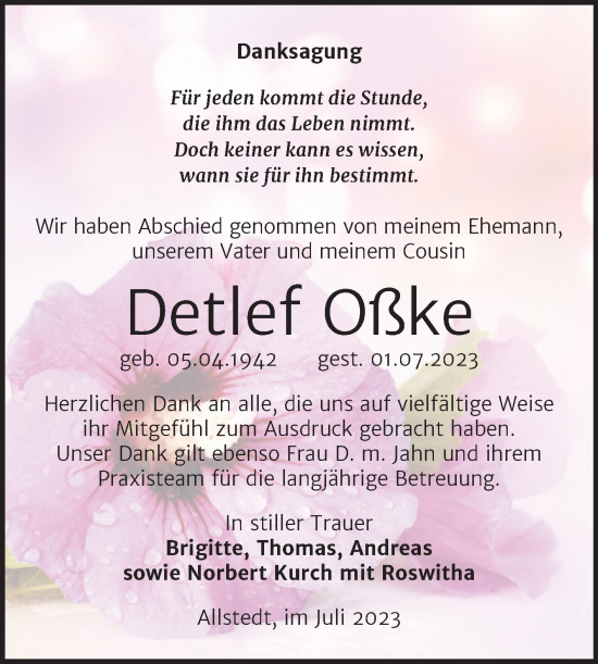 Traueranzeige von Detlef Oßke von Trauerkombi Sangerhausen
