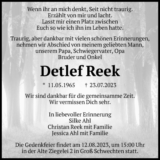 Traueranzeige von Detlef Reek von Volksstimme Altmark Ost