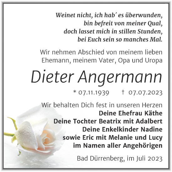 Traueranzeige von Dieter Angermann von Trauerkombi Merseburg