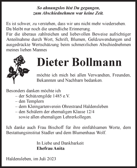 Traueranzeige von Dieter Bollmann von Volksstimme Haldensleben/Wolmirstedt